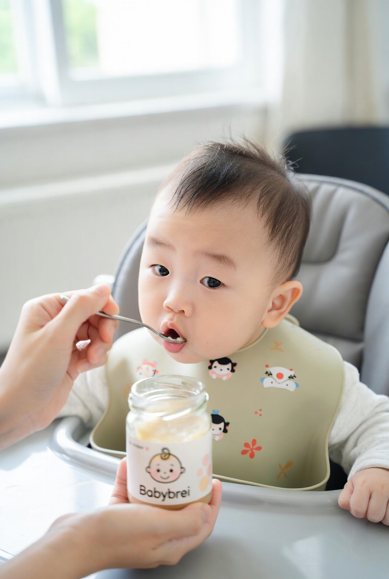 Baby im Hochstuhl wird mit Brei gefüttert