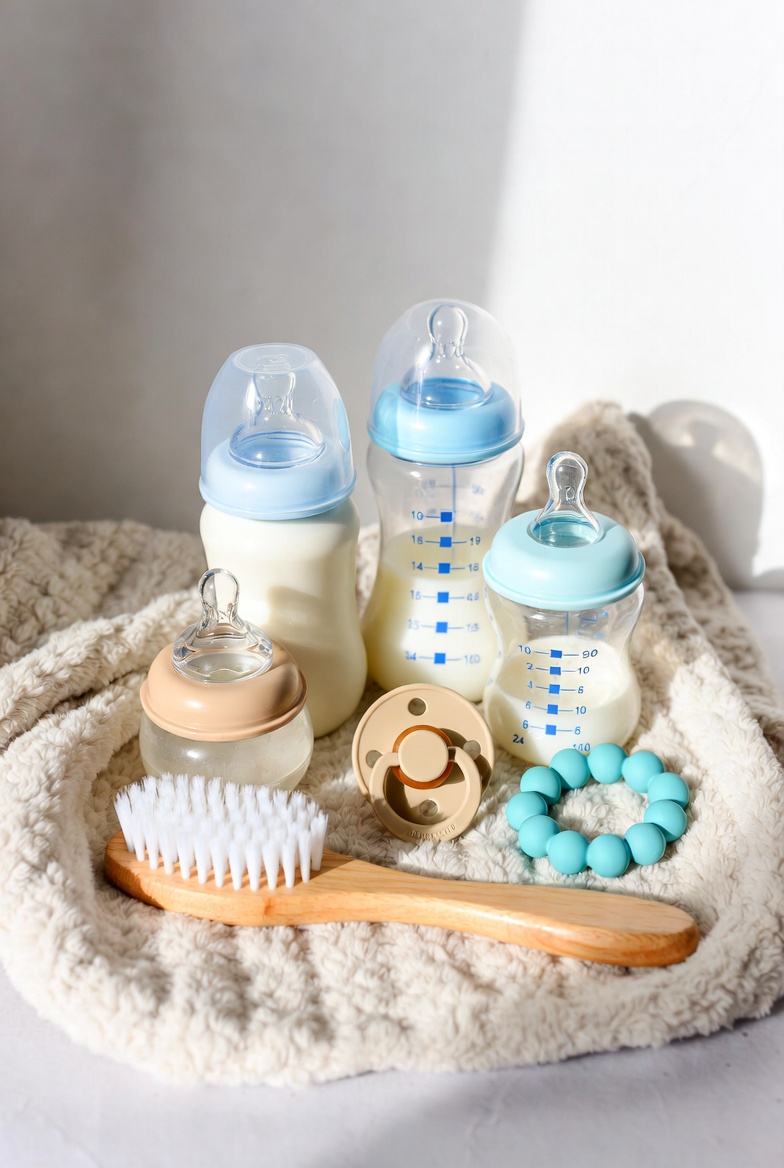 Baby Essentials mit Flaschen, Schnuller und Pflegebuerste