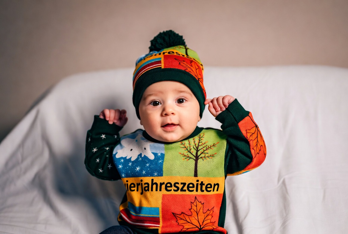 Baby im farbigen Outfit mit Jahreszeitenmotiv